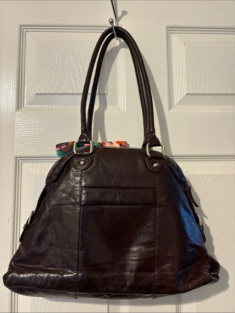 latico Dark Brown Leather Shoulder Bag with Blue Floral Scarf